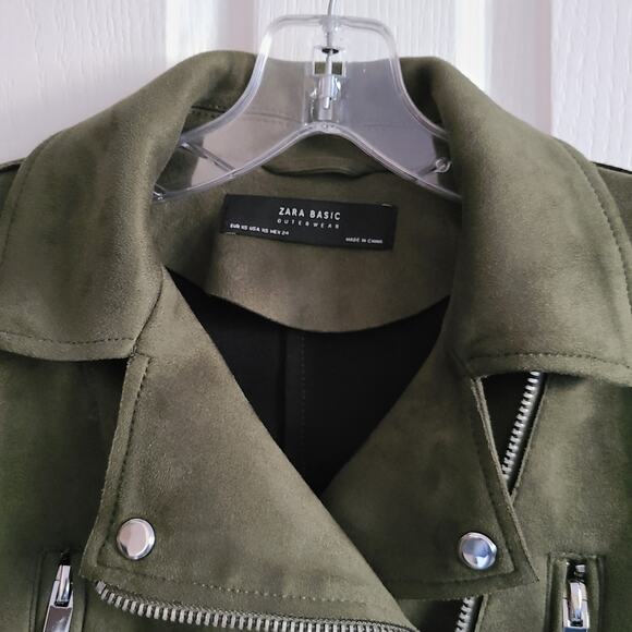 ZARA Outwear Olive Green Faux Suede Belted Moto Biker Jacket Women's Size XS - Picture 4 of 11